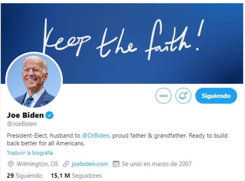 Joe Biden modificó su perfil Twitter y ya se define como presidente electo