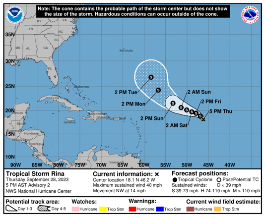 ¿Hacia dónde se dirige la tormenta tropical Rina y qué lugares del Atlántico impactaría?